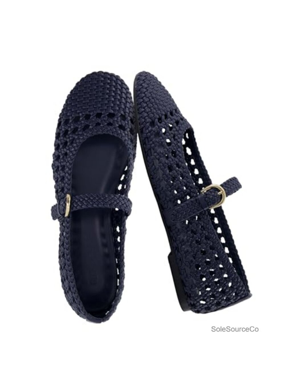 Faux Leather Woven Mary Jane Ballet Flats Adjustable Strap Buckle Round Toe